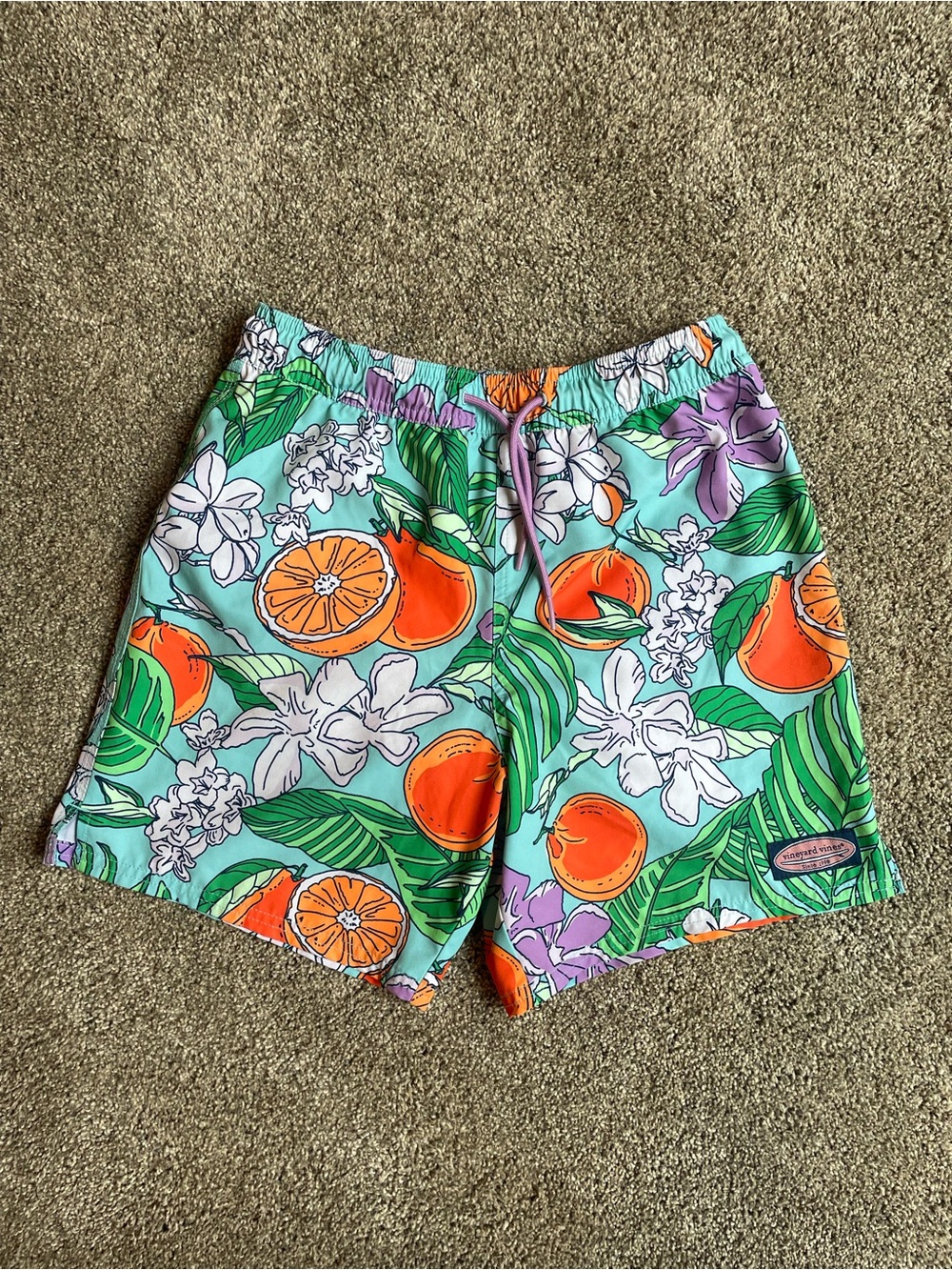 Vineyard Vines Boy’s Orange Fruit Print Swim Trunks Size Medium